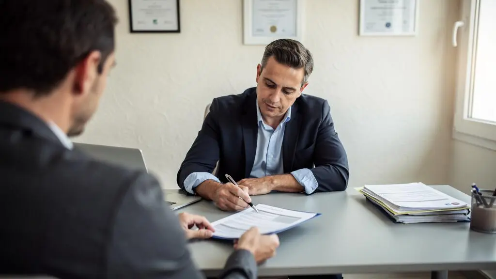Un conseiller examine un dossier avec un client dans un bureau d'assurance.