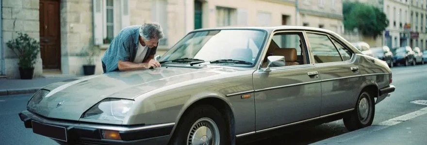 Un propriétaire inspecte sa voiture ancienne garée dans une rue résidentielle française.